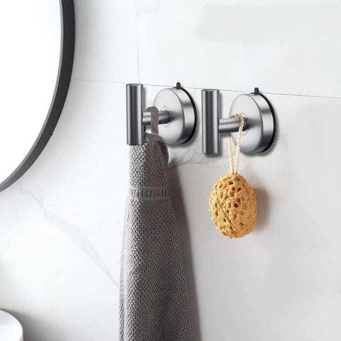 Heavy Duty Suction Cup Hooks Set Of 2 For Bathrooms, brushed nickel towel hangers holding towel and sponge