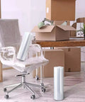 Heavy Duty Stretch Wrap Roll 11.8 Inch By 500 Feet Clear Plastic Moving Film with office chair and boxes in background
