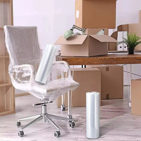 Heavy Duty Stretch Wrap Roll 11.8 Inch By 500 Feet Clear Plastic Moving Film with office chair and boxes in background