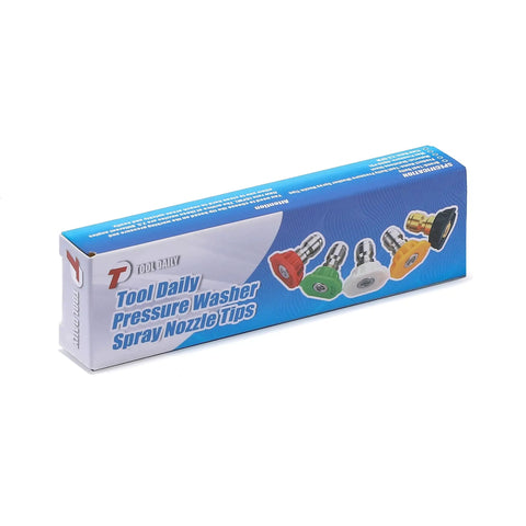 Box packaging of Pressure Washer Nozzle Tips Kit 1/4 Inch Quick Connect 5 Pack With Multiple Angles for 2.5 GPM Cleaning