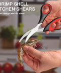 Shrimp shell kitchen shears with curved design cutting shrimp in a kitchen setting