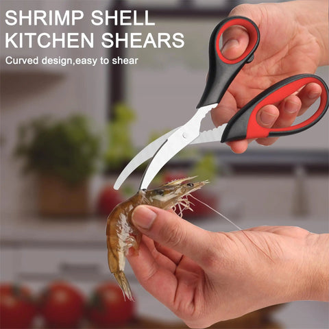 Shrimp shell kitchen shears with curved design cutting shrimp in a kitchen setting