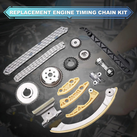 Timing Chain Kit With Tensioner Crank Sprocket Shaft And Guide Rail For Buick Regal LaCrosse Verano And Chevy Equinox Malibu GMC Terrain Pontiac 2.0L 2.2L 2.4L Replacement 9-4201S displayed on a metal surface