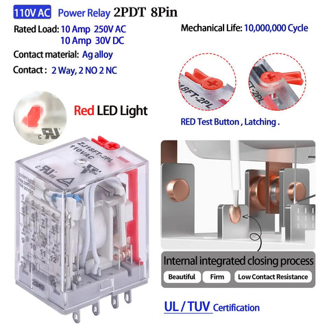 Six Pack 110V Electromagnetic Relays Kit With 8-Pin DPDT 2NO 2NC, 10 Amp, Test Switch, LED Indicator, DIN Rail Mount diagram