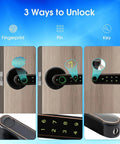 Fingerprint Door Lock With 4 In 1 Keyless Entry Biometric Smart Touchscreen Lock Bluetooth App Control Code Or Mechanical Key Unlock For Bedroom Office Apartment showing 3 unlocking methods.