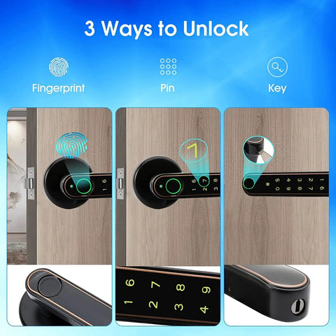 Fingerprint Door Lock With 4 In 1 Keyless Entry Biometric Smart Touchscreen Lock Bluetooth App Control Code Or Mechanical Key Unlock For Bedroom Office Apartment showing 3 unlocking methods.