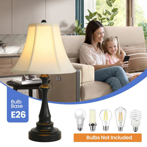 Three Piece Vintage Style Lamp Set with bronze finish, brown fabric shade table lamp on living room side table, bulbs shown