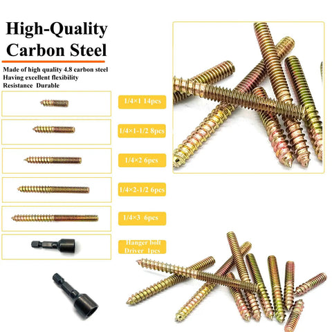 Killer 41 Piece Hanger Bolt Set With 1/4 20 Threads And Assorted One To Three Inch Lengths Pack of screws and driver.