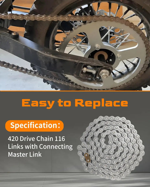 420 Drive Chain With 116 Links And Master Link For Tutti Tutto Soleil 01 Electric Motorcycle Dirt Bike And Ebike Premium High Strength Steel With Anti Rust Coating Universal 420 Chain Upgrade For Electric Rides