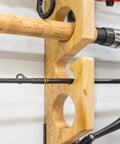 Close-up of Stillwater Fishing Pole Holders For Garage Wall And Ceiling Storage Rack Holds 8 Rods Or Combos Up To 40 Lbs In Solid Wood