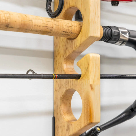 Close-up of Stillwater Fishing Pole Holders For Garage Wall And Ceiling Storage Rack Holds 8 Rods Or Combos Up To 40 Lbs In Solid Wood