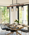 Rustic Linear Pendant Lighting For Kitchen Island And Dining Room With A Black Metal And Wood Finish, Industrial Chic Dining