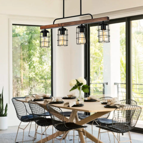 Rustic Linear Pendant Lighting For Kitchen Island And Dining Room With A Black Metal And Wood Finish, Industrial Chic Dining