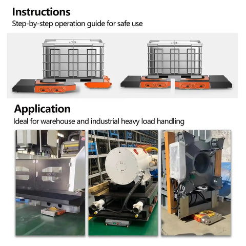 Heavy Duty Electric Machinery Mover Skate With Wireless Remote Control 50 Ton Load Capacity, shown in warehouse handling applications.