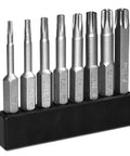 Eight Piece Torx Star Security Screwdriver Bits Set Magnetic Tamper Proof T8 T10 T15 T20 T25 T27 T30 T40 on holder.