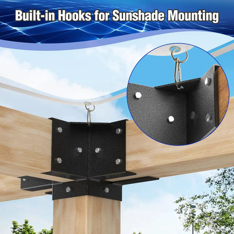 4x4 Pergola Brackets Kit 4 Way Corner Brackets For Gazebos And Patios Heavy Duty Wood Post Supports with built-in hooks
