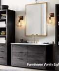Bathroom with Dope Industrial Rustic Wall Sconces Set Of 2 With Hex Cage Shade above dark wood vanity