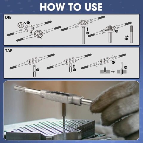 Instructions for using 39 Piece Tap And Die Set For Threads Metric And SAE Kit with adjustable handles and GCR15 steel.