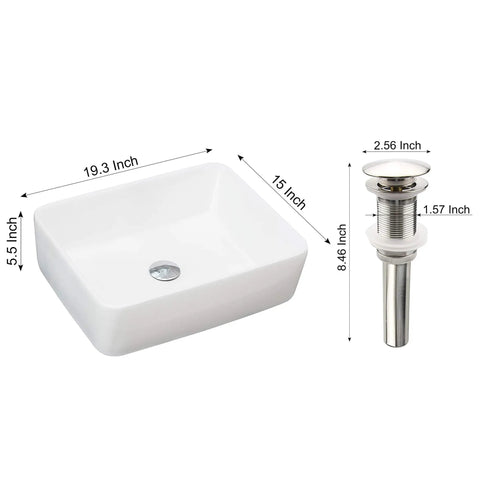 Rectangle Vessel Sink With Pop Up Drain Included For Above Counter Bathroom White Porcelain Ceramic Vanity Basin 14.6 X 18.9 X 5.2 Inches Without Faucet Hole