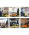 Straight Shots Automatic Shrink Wrap Machine Built Tough For Heavy Duty Pallet Wrapping, showcasing pallet wrapping process in a warehouse.