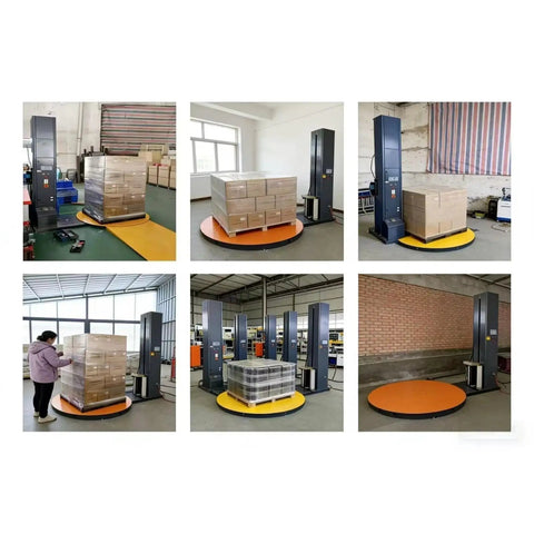 Straight Shots Automatic Shrink Wrap Machine Built Tough For Heavy Duty Pallet Wrapping, showcasing pallet wrapping process in a warehouse.