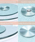 Massive 47 Inch Clear Tempered Glass Lazy Susan Turntable With Killer Smooth Swivel Rotation Heavy Duty Serving Tray top view showing thickened glass and aluminum base.