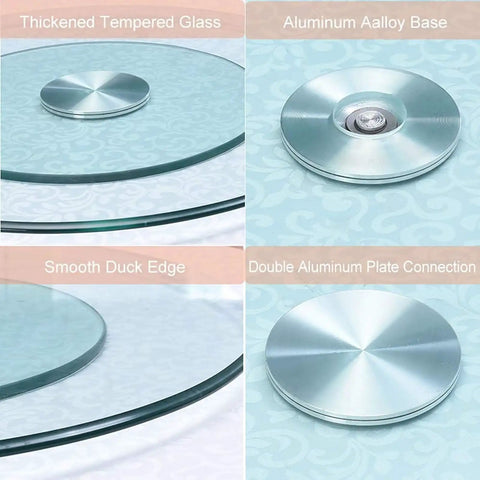 Massive 47 Inch Clear Tempered Glass Lazy Susan Turntable With Killer Smooth Swivel Rotation Heavy Duty Serving Tray top view showing thickened glass and aluminum base.