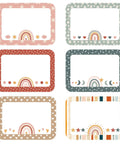 Boho Rainbow Name Tag Stickers Pack Six Styles For Back To School And Classroom Decor Multipurpose Nametags For Desk Cubby Labels Adhesive Labels For School Office Teachers And Students 144 Pieces, showing six different boho rainbow designs on rectangular stickers.