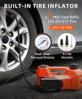 Electric Car Jack 5 Ton Hydraulic Floor Jack With Electric Impact Wrench Tire Inflator And LED Light Fast Lift From 6.1 To 17.7 Inches Emergency Roadside Tire Changing Kit For SUV Sedan Truck next to car tire with pressure gauge and nozzles visible.
