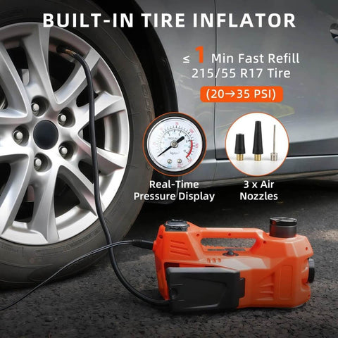 Electric Car Jack 5 Ton Hydraulic Floor Jack With Electric Impact Wrench Tire Inflator And LED Light Fast Lift From 6.1 To 17.7 Inches Emergency Roadside Tire Changing Kit For SUV Sedan Truck next to car tire with pressure gauge and nozzles visible.