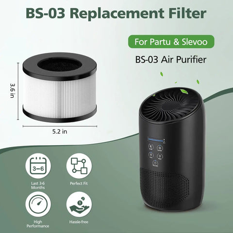 Replacement HEPA Filter For PARTU And Slevoo BS-03 Air Purifier With 3 In 1 Filtration System, filter dimensions alongside air purifier