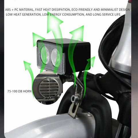 Front Light With Integrated Horn For E Bikes And Scooters, Waterproof 3 Pin Male Connector, 180 Lux Brightness Headlight