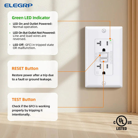 30 Pack White 20 Amp Gfci Outlet Self Test Gfi Receptacle Narrow Design Led Indicator Ul Certified showing LED indicator and buttons.