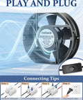 Beefy 110V 120V Axial Fan With Dual Ball Bearings and Switch for high airflow, showing fan and connection tips for installation.
