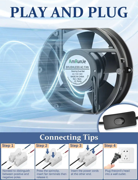 Beefy 110V 120V Axial Fan With Dual Ball Bearings and Switch for high airflow, showing fan and connection tips for installation.