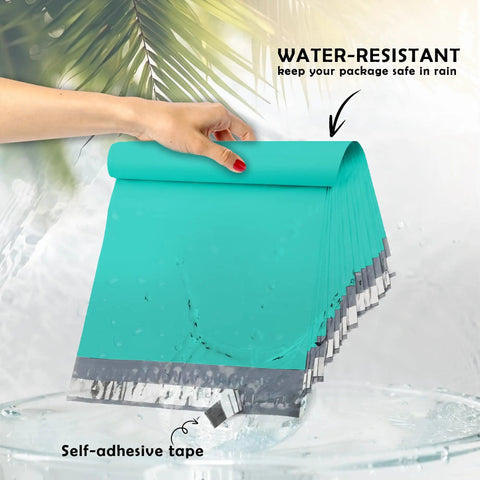 Teal Poly Mailers 6 By 9 Inches Self Seal Waterproof Shipping Envelopes shown with water-resistant feature