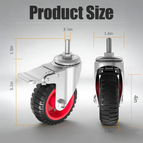 Top Shelf 4 Inch Swivel Caster Wheels Set Of Four Badass Heavy Duty Threaded Stem Locking Casters With Three Eighth Inch Male Thread with size measurements.