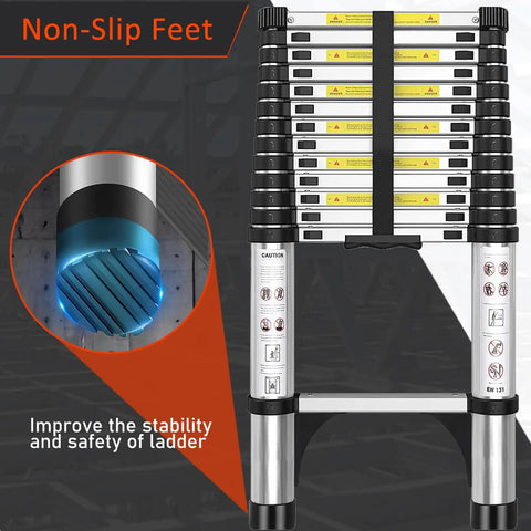Telescoping Aluminum Ladder 12.5 Feet With Non Slip Feet Portable Collapsible Extension Ladder For Home Roof Loft RV Use EN131 Certified 330 Pound Weight Capacity, close-up of non-slip feet feature