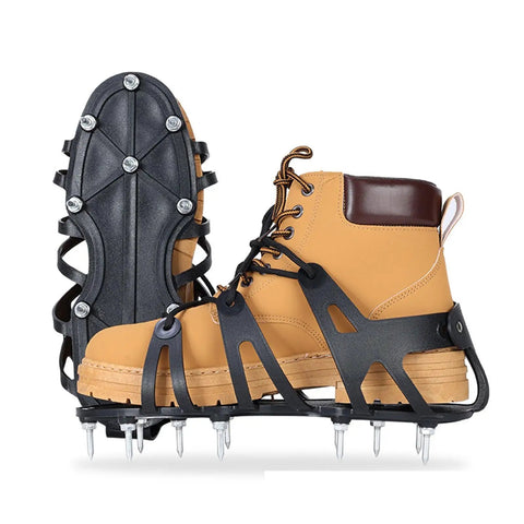 Spiked Lawn Aerator Shoes Self Leveling For Resin Coatings And Epoxy Floors, 4.5cm Nail Length, Comfortable PETG Construction, Universal Fit For Most Shoes, Great For Lawn Care And Coating Projects shown on tan boots with visible spikes and black straps