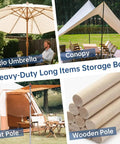 Heavy-Duty Large Tent Pole Storage Bag 83-Inch Long And 10-Inch Wide Water-Resistant Gear Carrier with various outdoor uses shown.