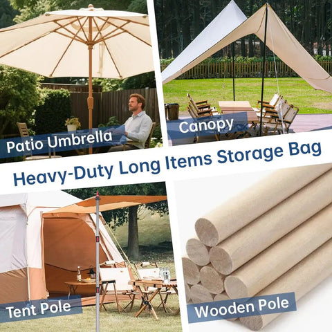 Heavy-Duty Large Tent Pole Storage Bag 83-Inch Long And 10-Inch Wide Water-Resistant Gear Carrier with various outdoor uses shown.