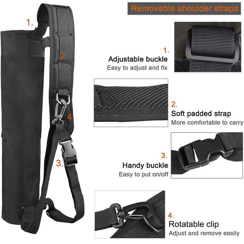 Lightweight Back Archery Quiver With Dual Use Foldable Hip Bag showing removable shoulder straps, adjustable buckles, and clip.