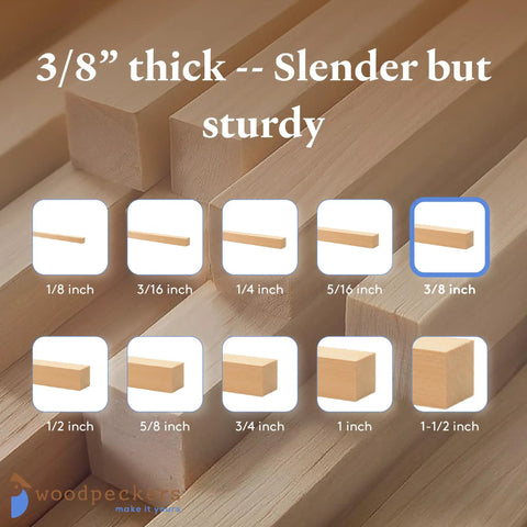 Premium Square Wood Dowel Rods For Serious Crafting And Diy Woodworking Projects Hella Durable 3/8 Inch By 18 Inch Natural Craft Sticks Ready To Paint Or Stain showcased in various thicknesses.