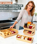 Woman organizing kitchen with Three Tier Stackable Bamboo Veggie And Fruit Storage Bins, Ventilated Pantry Organizer With Slide Out Design