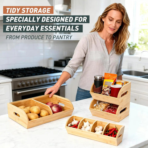 Woman organizing kitchen with Three Tier Stackable Bamboo Veggie And Fruit Storage Bins, Ventilated Pantry Organizer With Slide Out Design