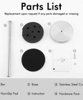 Parts list for Freestanding Brushed Stainless Steel Toilet Paper Holder With Rock Solid Heavy Base, includes bar, base, cover, non-slip pad.
