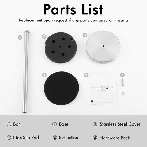 Parts list for Freestanding Brushed Stainless Steel Toilet Paper Holder With Rock Solid Heavy Base, includes bar, base, cover, non-slip pad.
