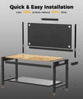 Exploded view of 48 Inch Heavy Duty Adjustable Height Work Bench with rubberwood top, pegboard, and built-in power strip.
