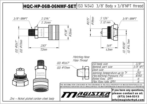 Heavy-Duty Three Eighths Inch Hydraulic Quick Connect Coupler Set For Ten Thousand PSI Systems, Three Eighths Inch NPT Thread, Screw-To-Connect, Steel With Zinc-Plated Finish For Corrosion Resistance And Secure Engagement On Pumps And Cylinders drawing