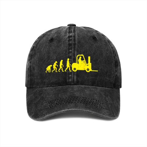 Forklift Operator Cap Grind Ready For Warehouse Crew Evolution Style Trucker Sun Hat in black with yellow evolution motif